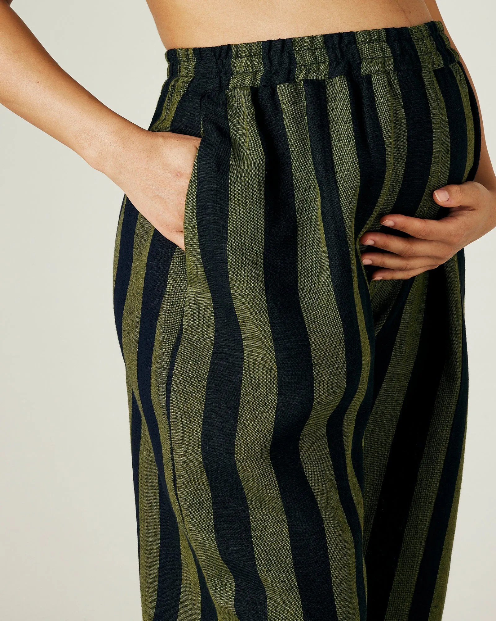 Mabel Olive and Black Stripe Linen Trousers