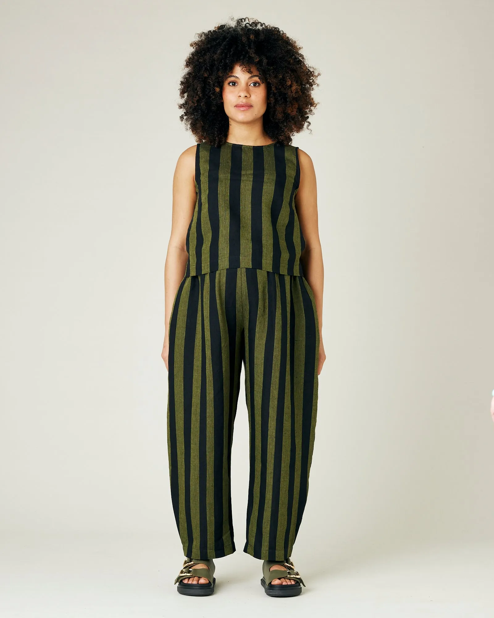 Mabel Olive and Black Stripe Linen Trousers