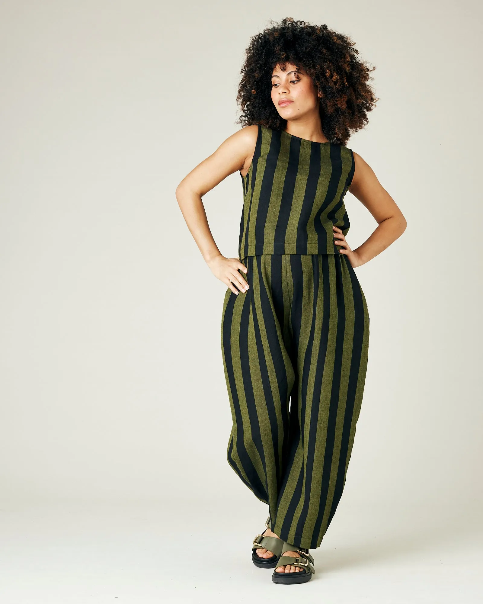 Mabel Olive and Black Stripe Linen Trousers