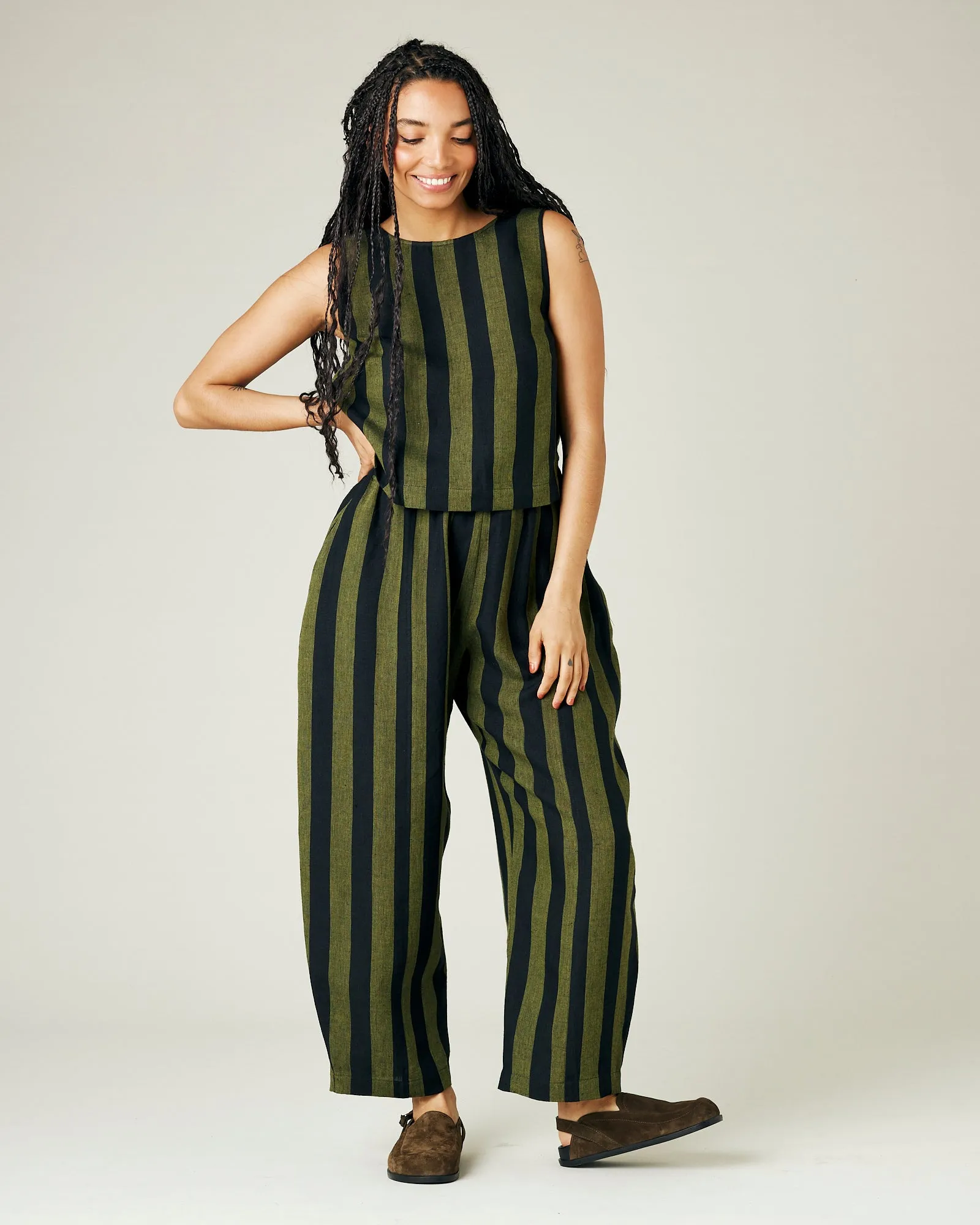 Mabel Olive and Black Stripe Linen Trousers