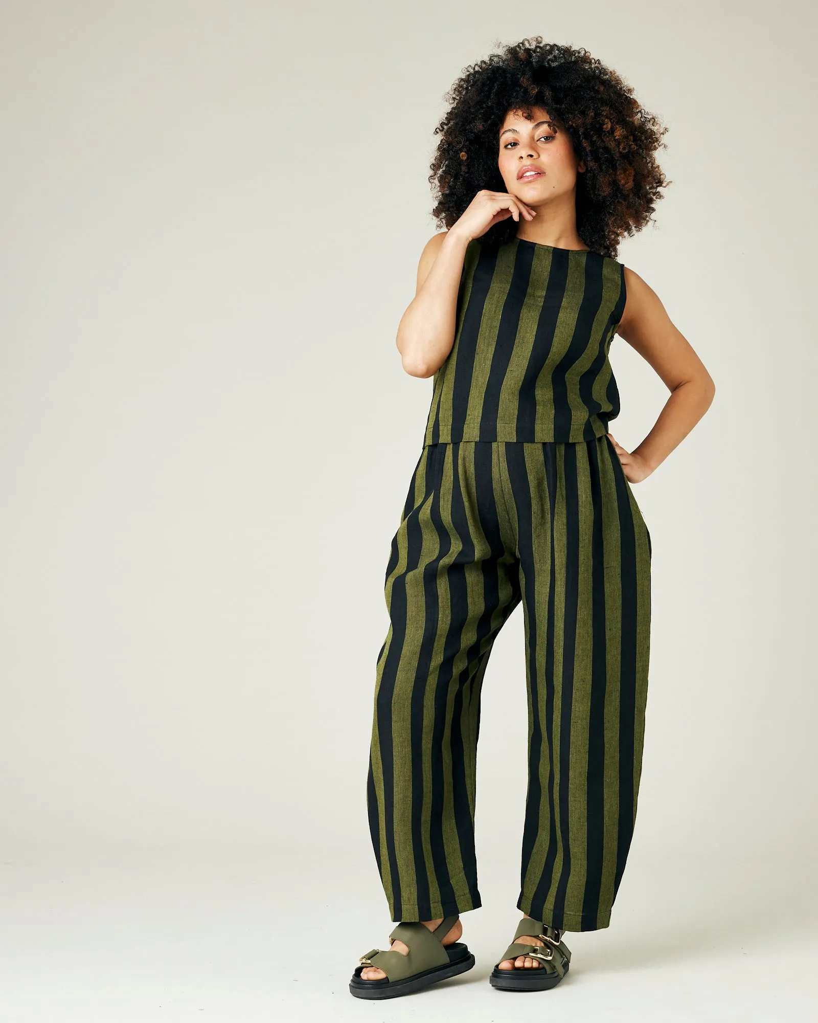 Mabel Olive and Black Stripe Linen Trousers