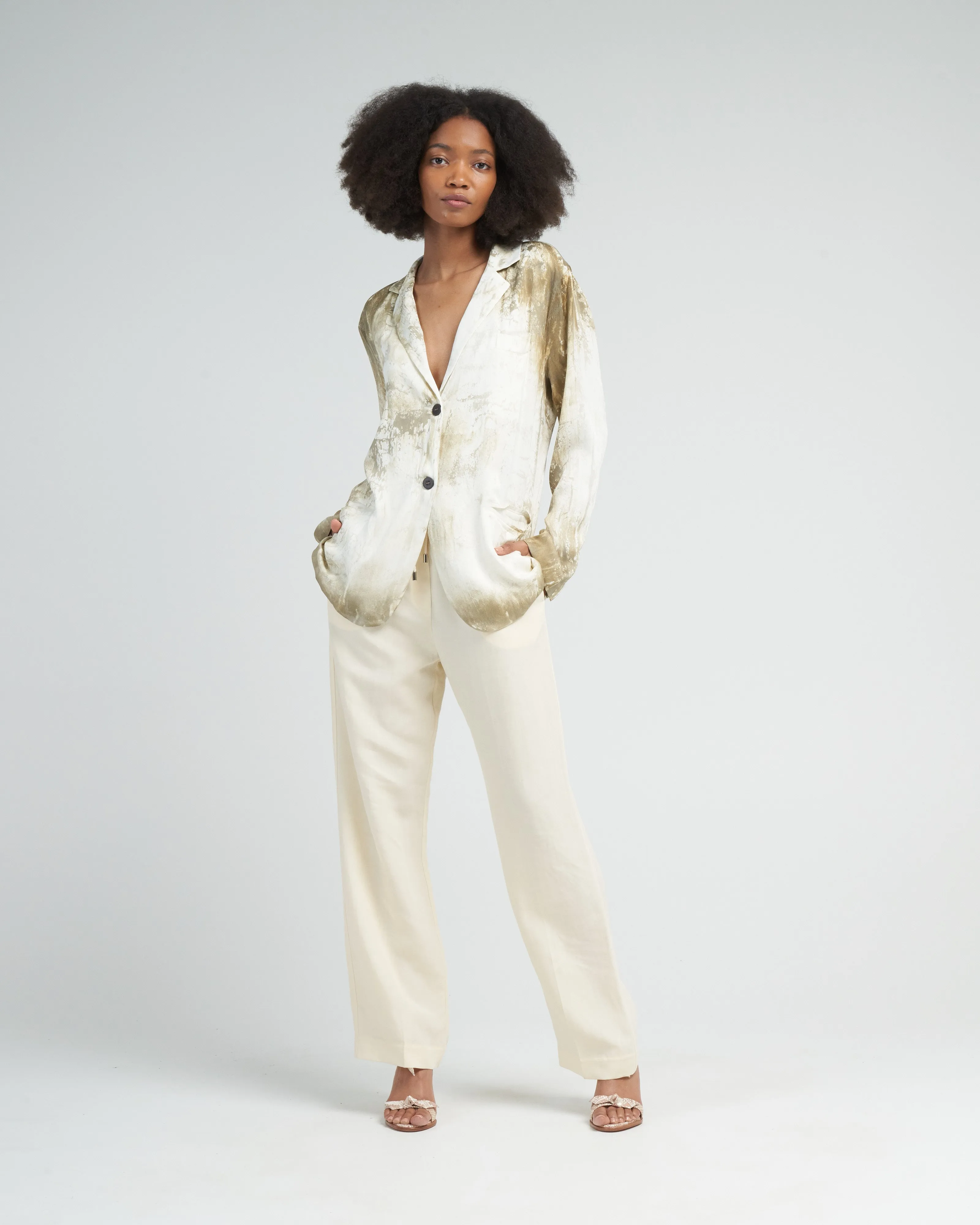 marmo effect silk boyfriend rever jacket - dark kaki