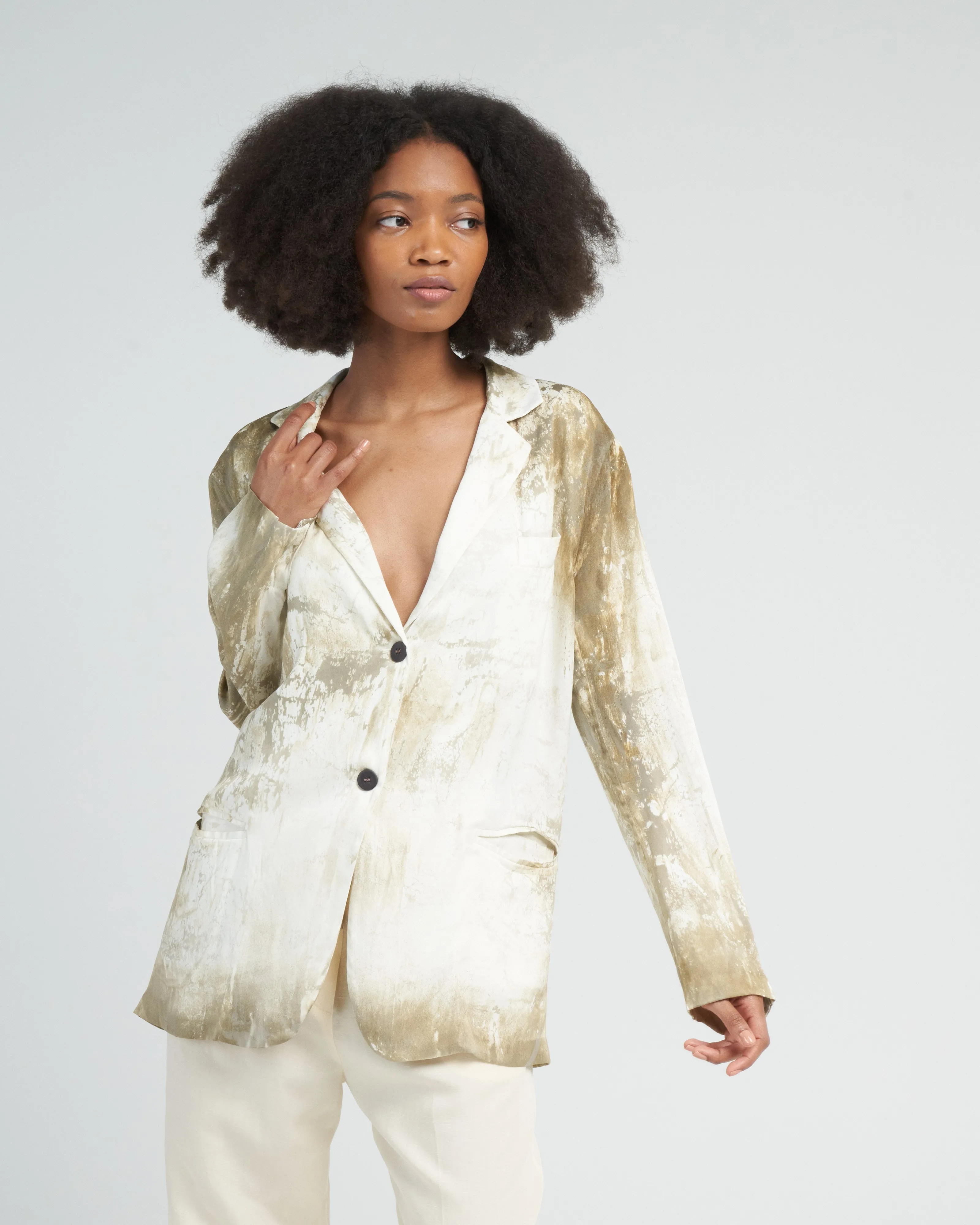 marmo effect silk boyfriend rever jacket - dark kaki