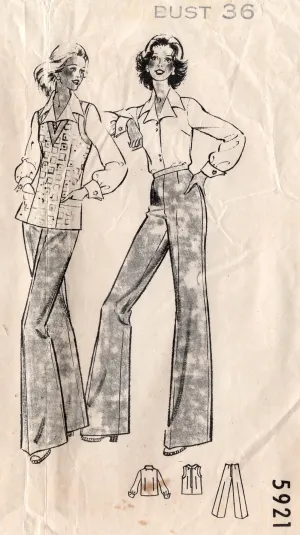 Maudella 5921 Womens Blouse Jerkin & Flared Pants 1970s Vintage Sewing Pattern Size 14 Bust 36 inches UNCUT Factory Folded