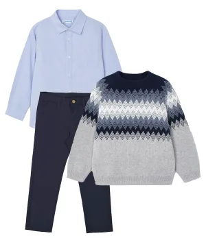 Mayoral 146 Sky Blue Long Sleeve Shirt, 4340 Jacquard Jumper and 513 Navy Chino Trousers In Stock Now