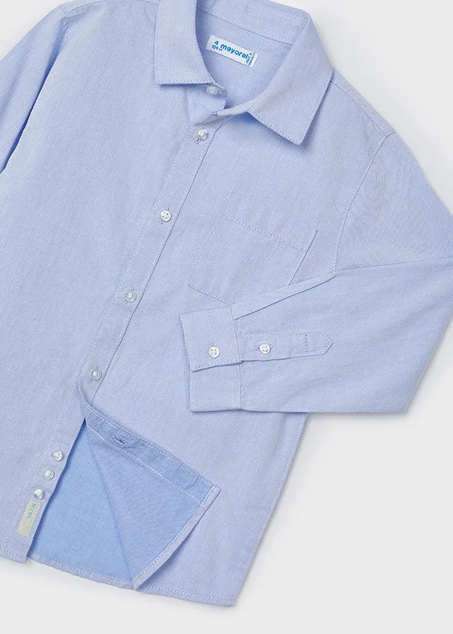 Mayoral 146 Sky Blue Long Sleeve Shirt, 4340 Jacquard Jumper and 513 Navy Chino Trousers In Stock Now