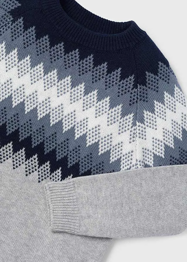 Mayoral 146 Sky Blue Long Sleeve Shirt, 4340 Jacquard Jumper and 513 Navy Chino Trousers In Stock Now