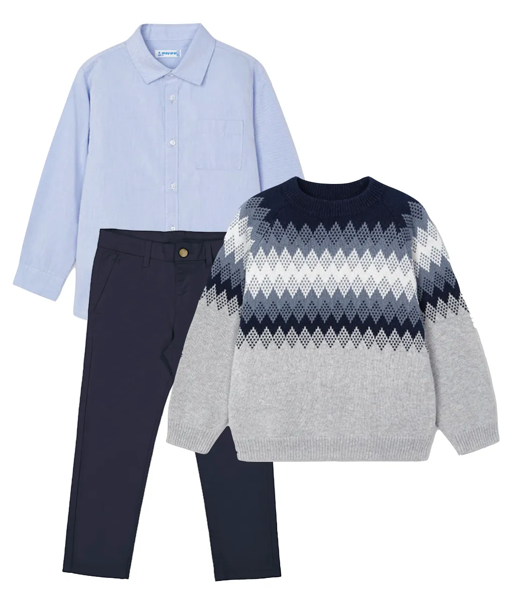 Mayoral 146 Sky Blue Long Sleeve Shirt, 4340 Jacquard Jumper and 513 Navy Chino Trousers In Stock Now