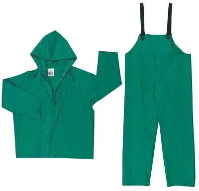 MCR Safety Two-Piece Rain Suit, Jacket w/Hood, Bib Pants, 0.42 mm PVC/Poly, Green, Large, 3882L