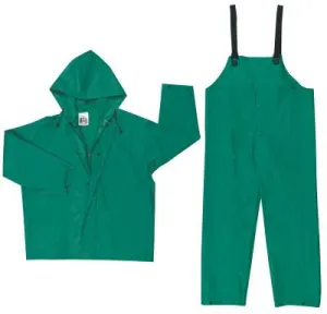 MCR Safety Two-Piece Rain Suit, Jacket w/Hood, Bib Pants, 0.42 mm PVC/Poly, Green, Large, 3882L