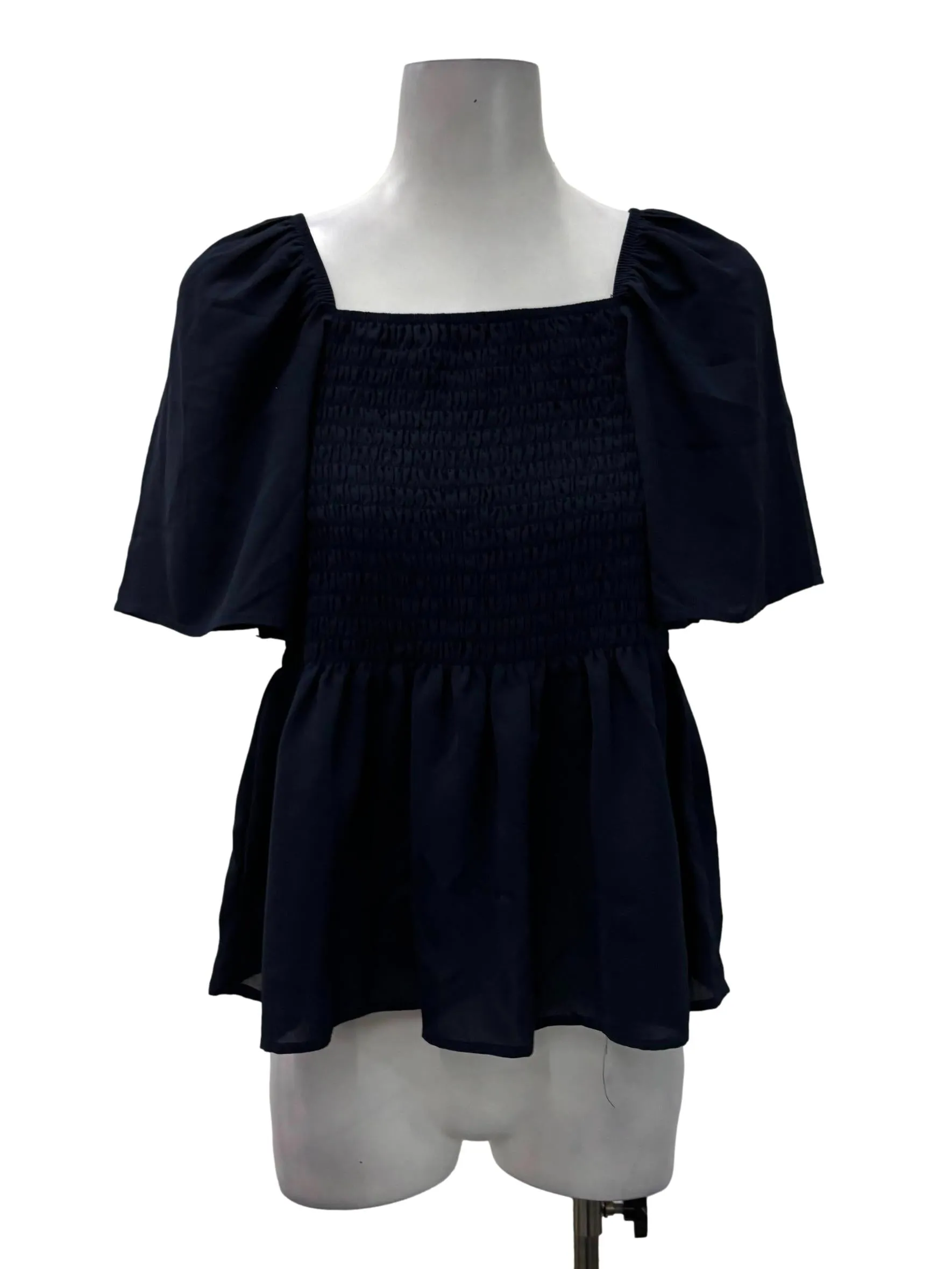 Navy Blue Square Neck Ruched Babydoll Top