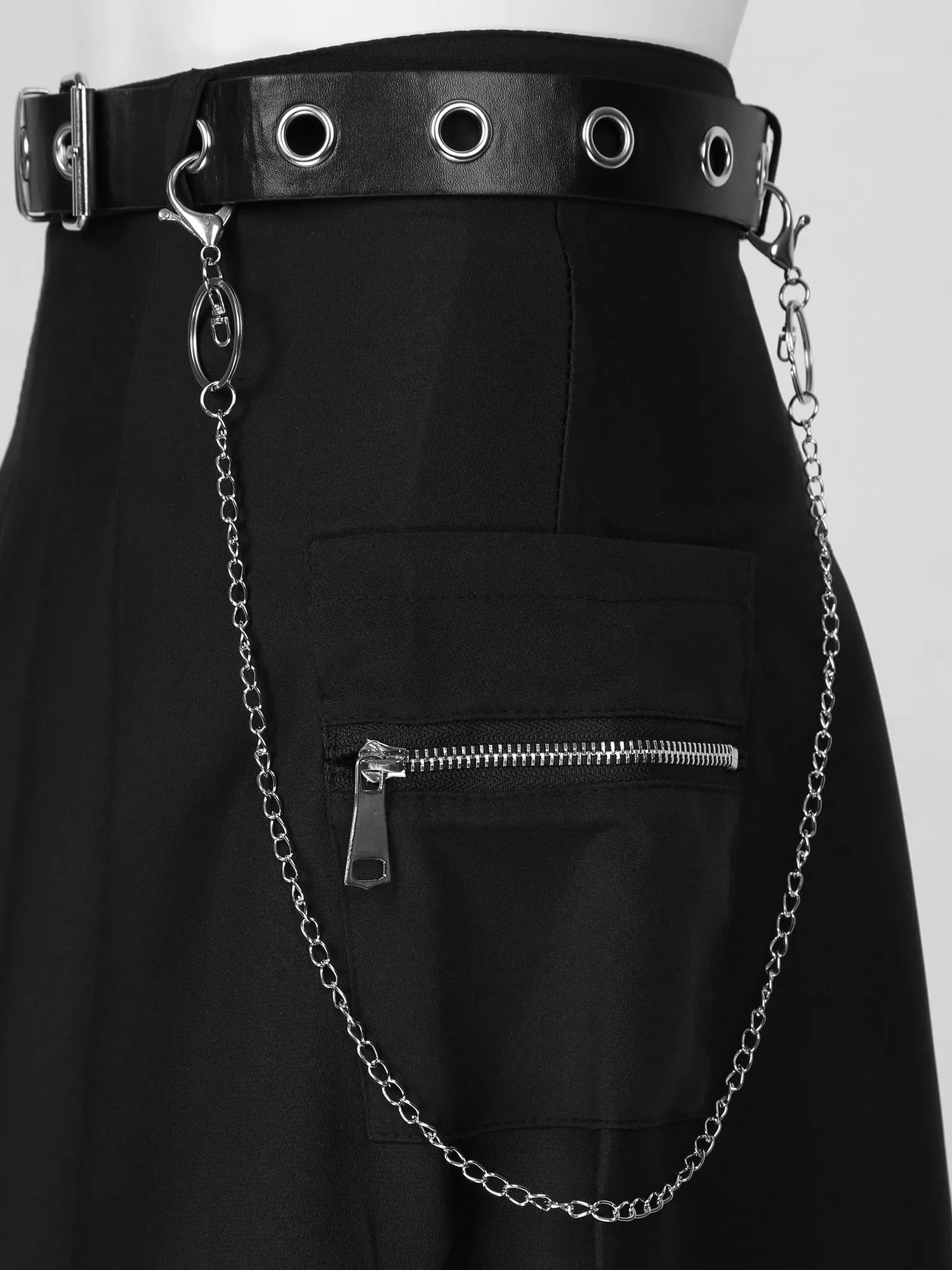 'Onyx' Black/Grey Grunge Chain Belt Pleated Skirt