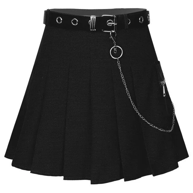 'Onyx' Black/Grey Grunge Chain Belt Pleated Skirt