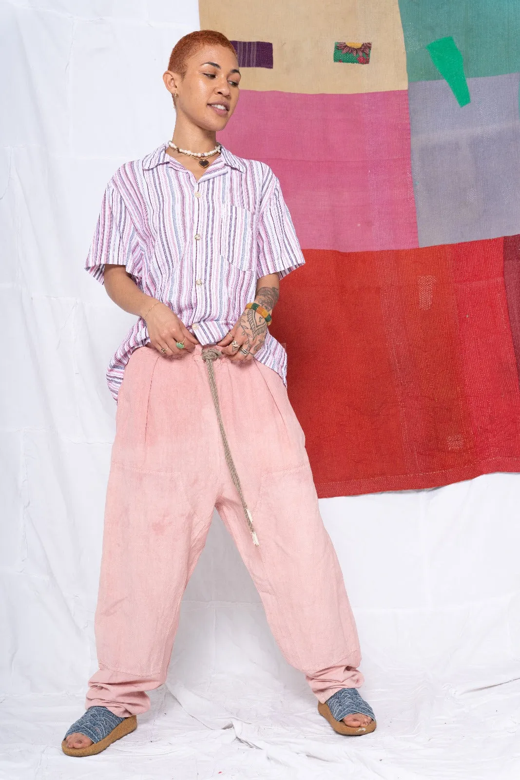 P70 Pleated Easy Pant Wild Silk & Hemp Uneven Dye Rose