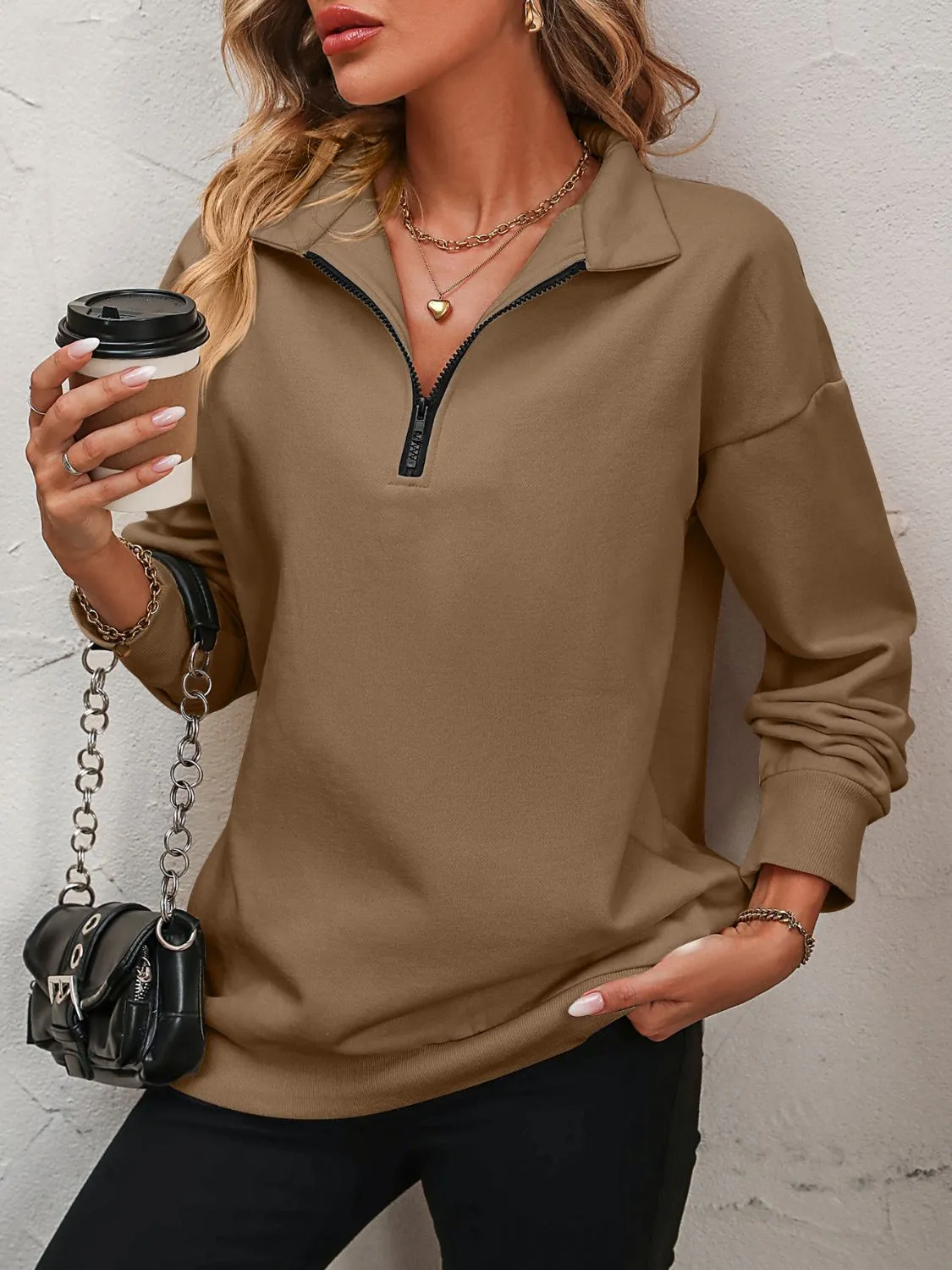Paige Zip-Up Dropped Shoulder Sweatshirt