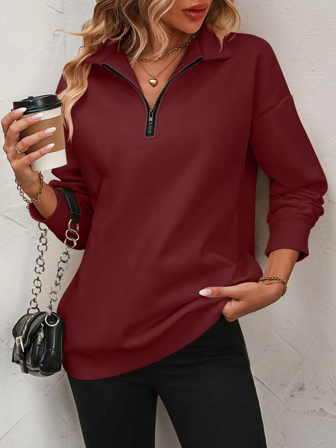 Paige Zip-Up Dropped Shoulder Sweatshirt