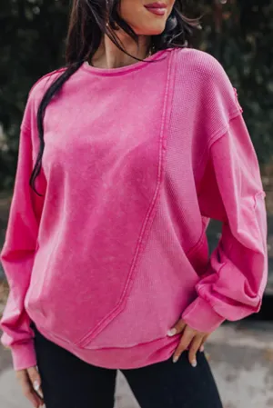 Pink Black Vintage Exposed Seamed Waffle Knit Accent Pullover Sweatshirt