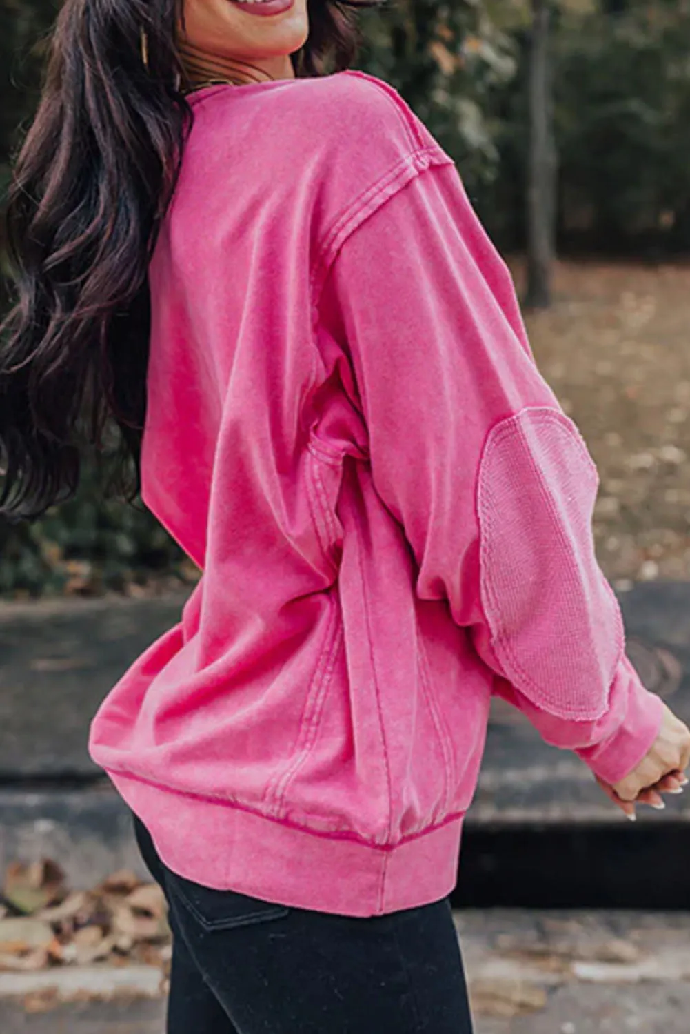 Pink Black Vintage Exposed Seamed Waffle Knit Accent Pullover Sweatshirt