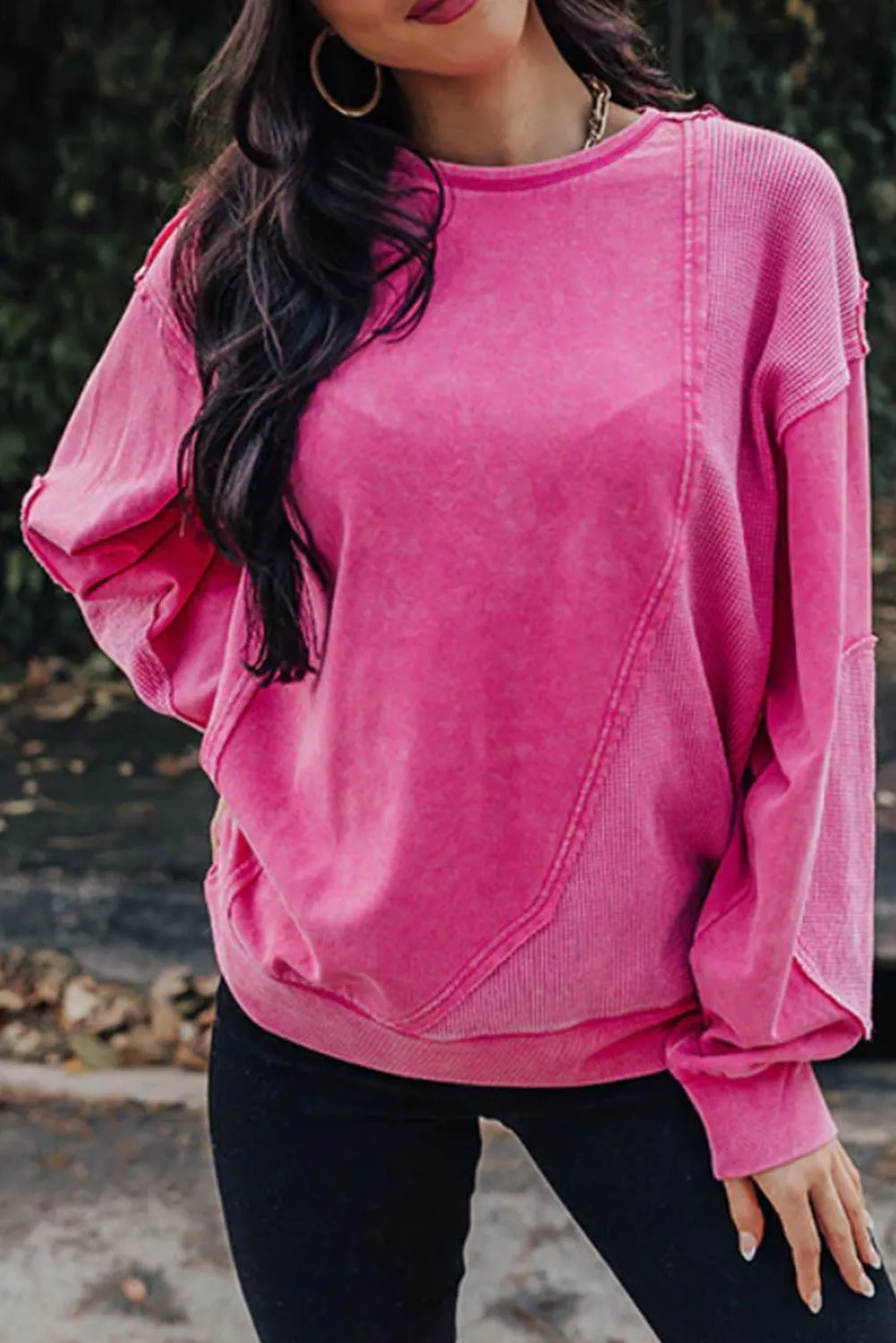Pink Black Vintage Exposed Seamed Waffle Knit Accent Pullover Sweatshirt