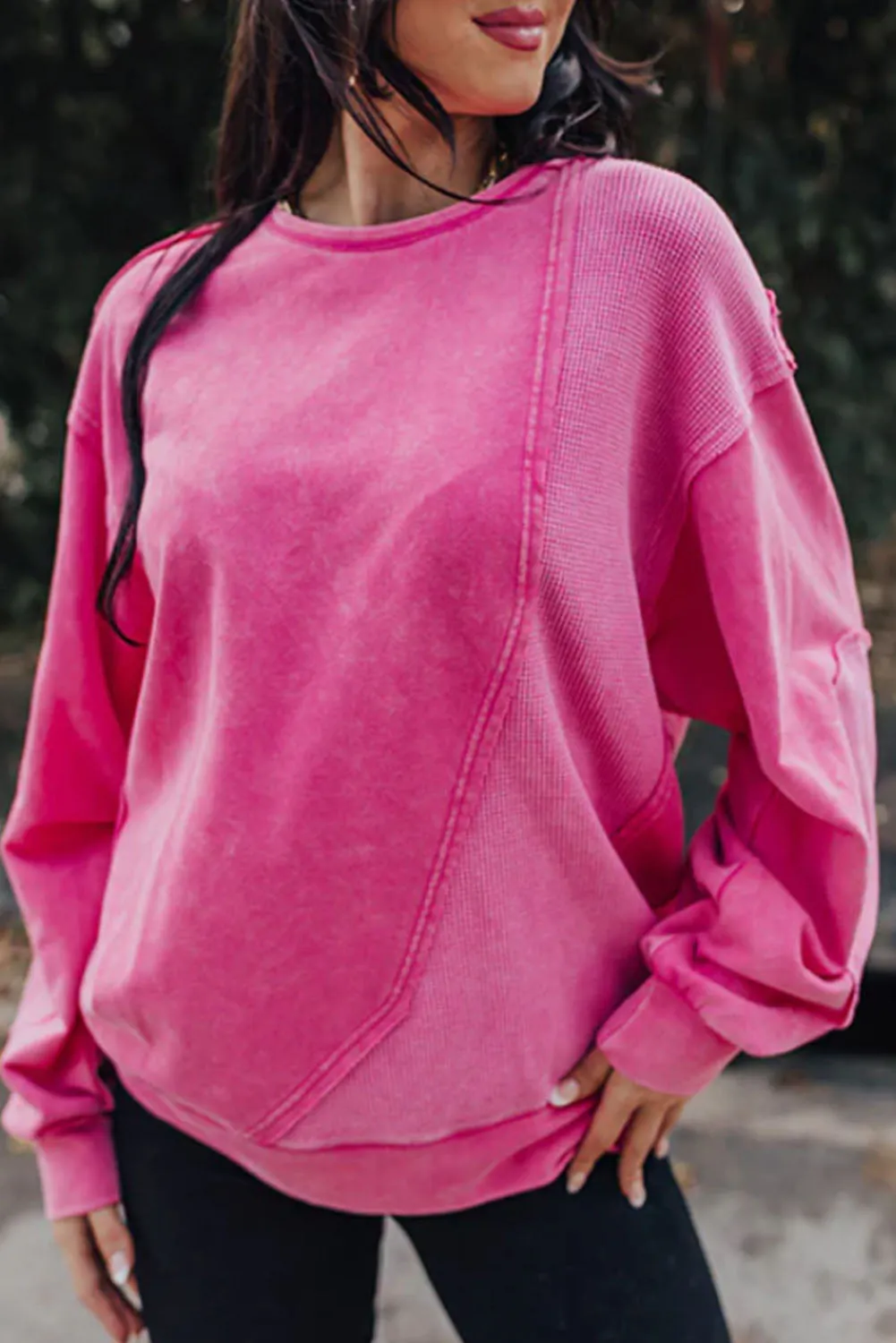Pink Black Vintage Exposed Seamed Waffle Knit Accent Pullover Sweatshirt