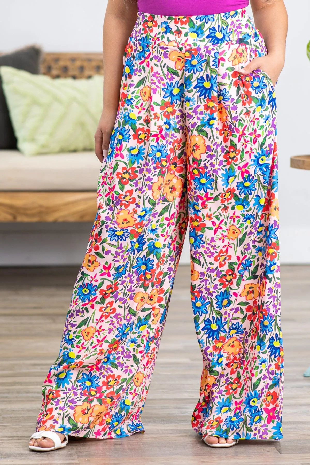 Pink Multicolor Floral Wide Leg Pants