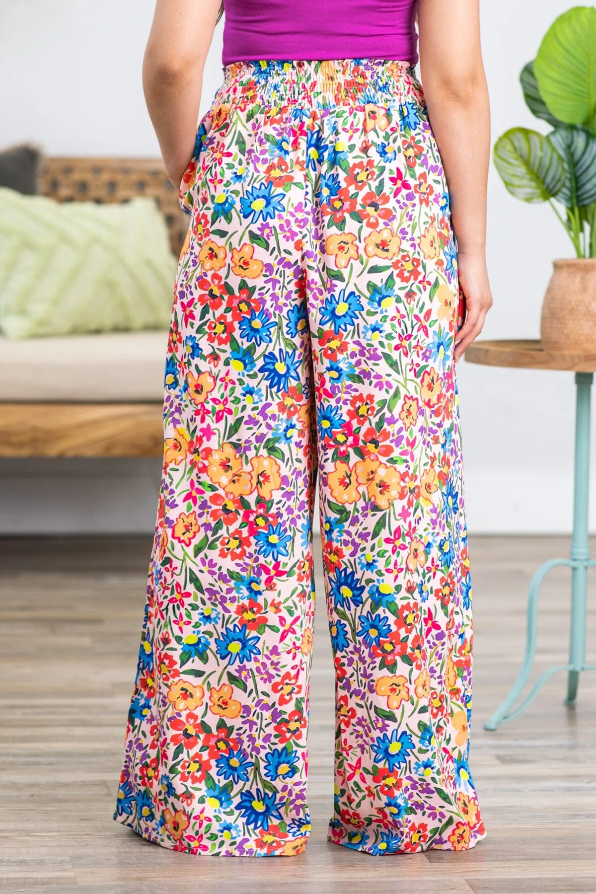 Pink Multicolor Floral Wide Leg Pants