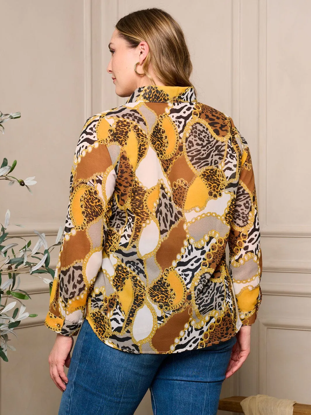PLUS SIZE LONG SLEEVE BUTTON UP MULTI PRINT BLOUSE TOP