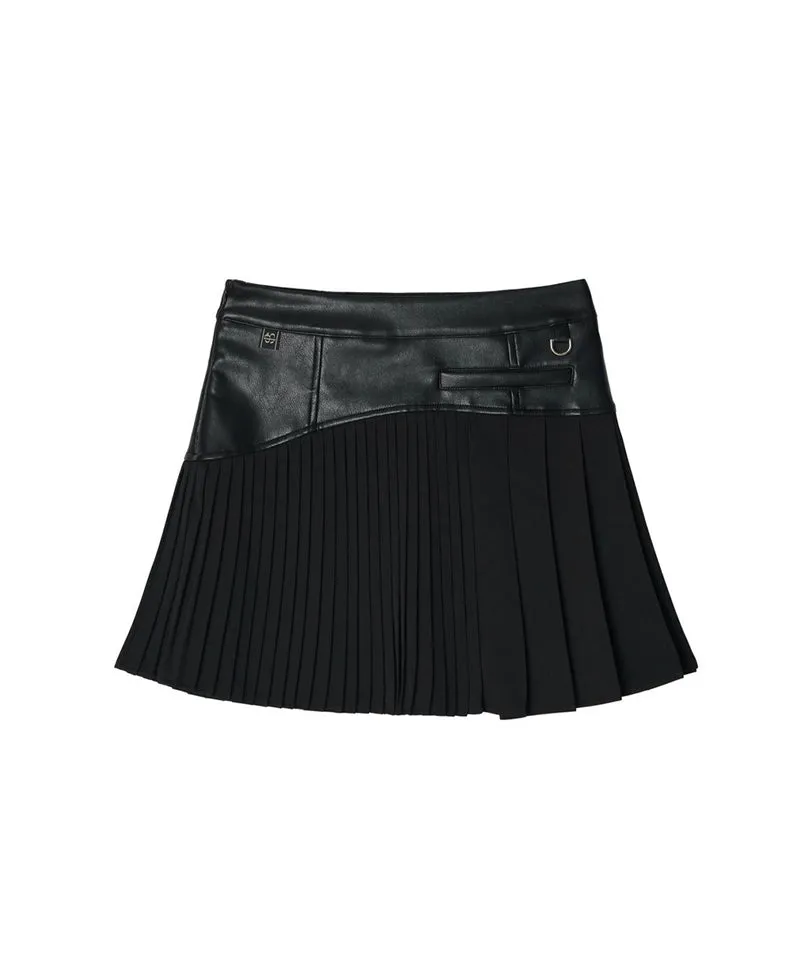 POSHERD Leather-Like Block Pleated Skirt - Black