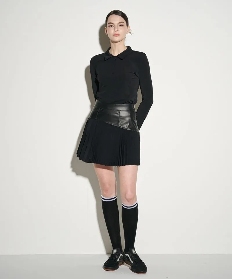 POSHERD Leather-Like Block Pleated Skirt - Black
