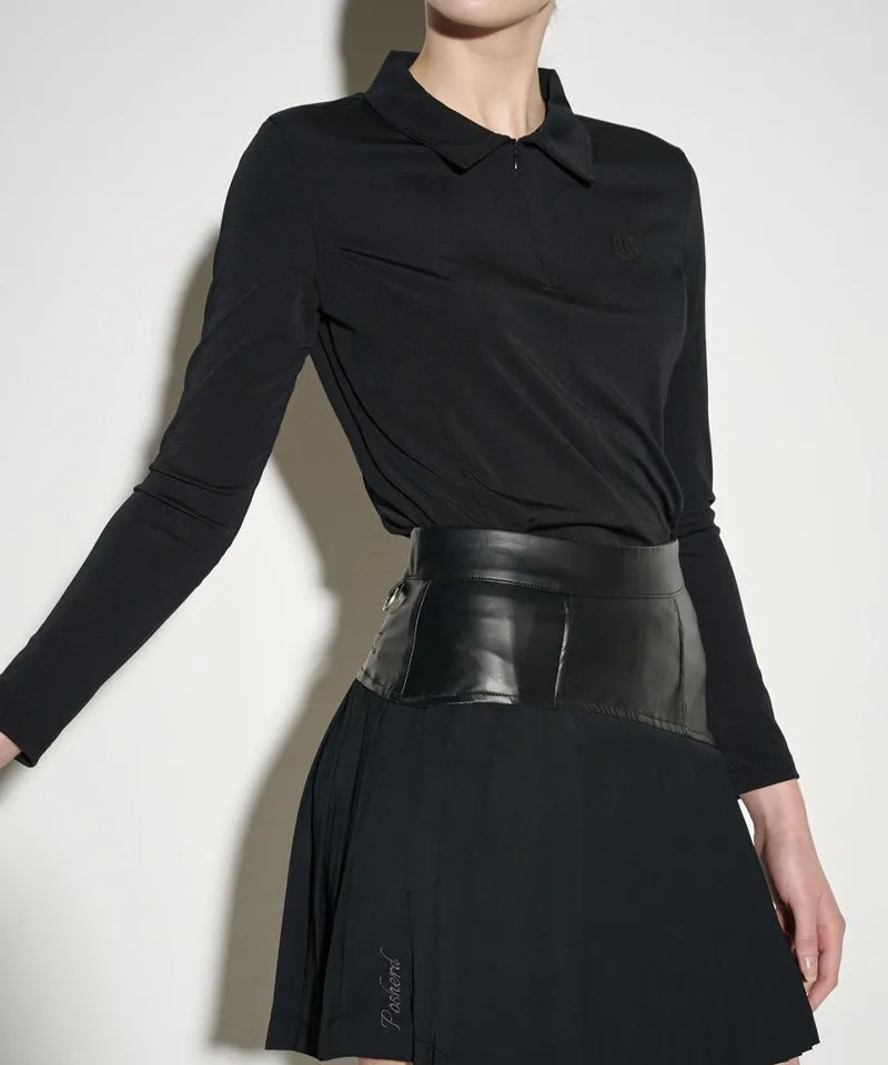 POSHERD Leather-Like Block Pleated Skirt - Black