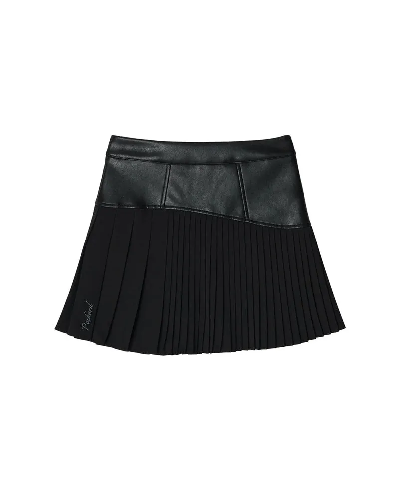 POSHERD Leather-Like Block Pleated Skirt - Black