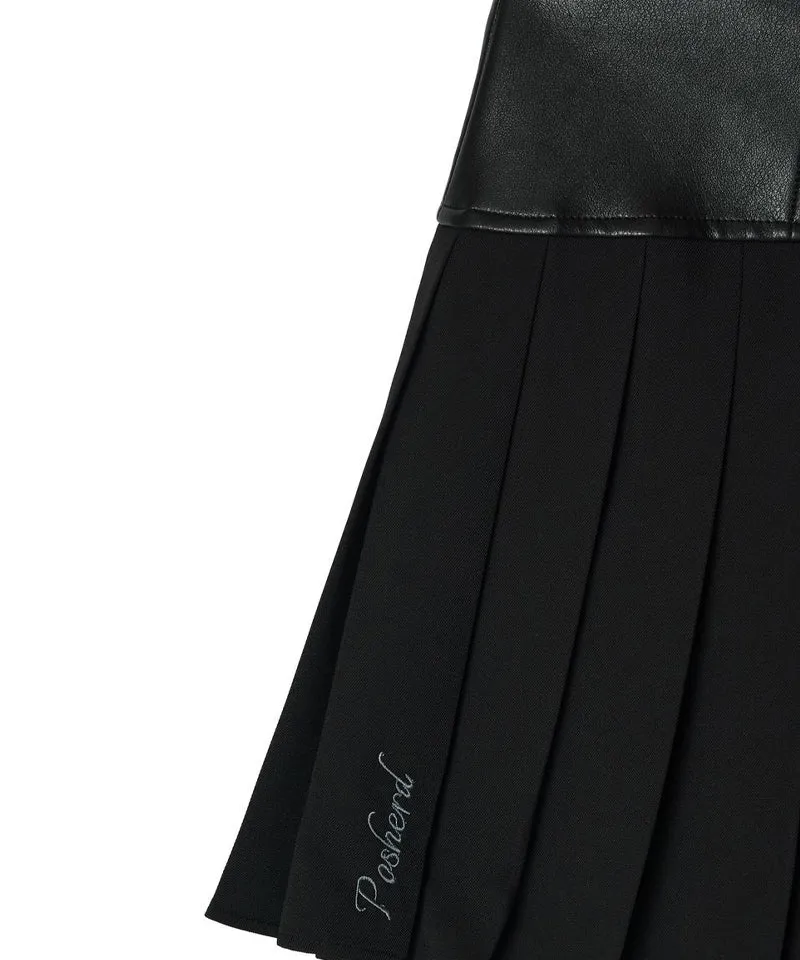 POSHERD Leather-Like Block Pleated Skirt - Black