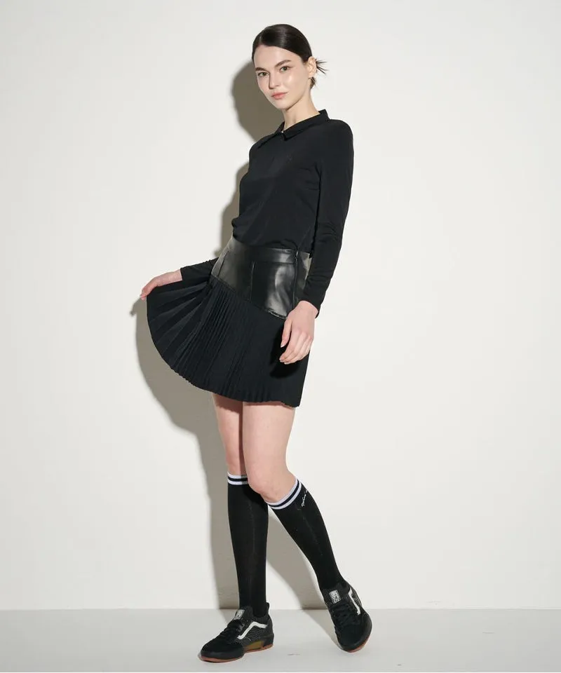 POSHERD Leather-Like Block Pleated Skirt - Black