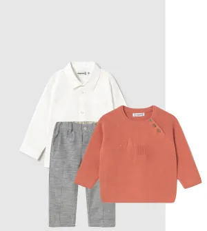 Pre-Order Mayoral 124 White Long Sleeve Shirt, Mayoral 1576 Charcoal Trousers and Mayoral 1302 Peach Jumper