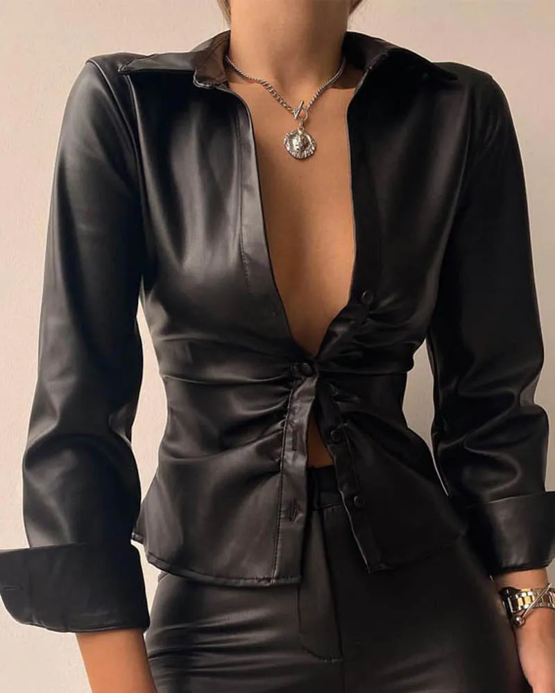 PU Leather Button Down Shirt