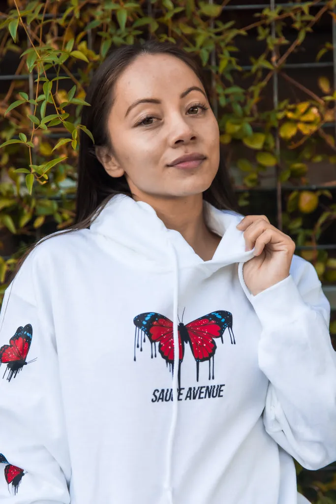 Red Passion Butterfly Drip | White Hoodie (Sleeves)