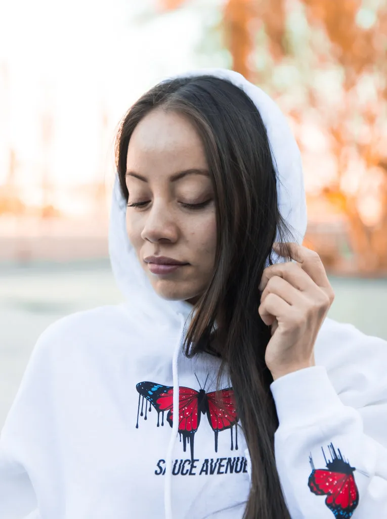 Red Passion Butterfly Drip | White Hoodie (Sleeves)