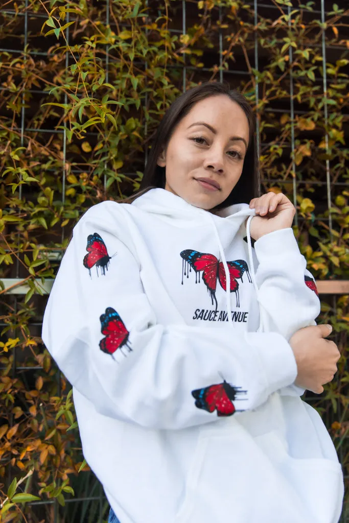 Red Passion Butterfly Drip | White Hoodie (Sleeves)
