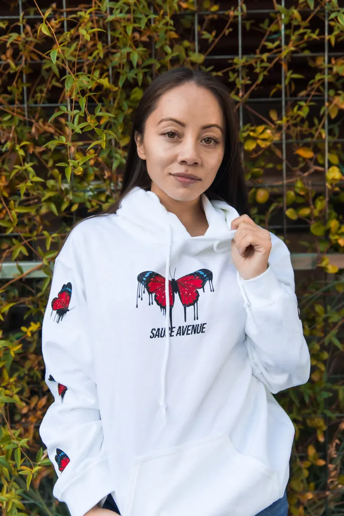Red Passion Butterfly Drip | White Hoodie (Sleeves)