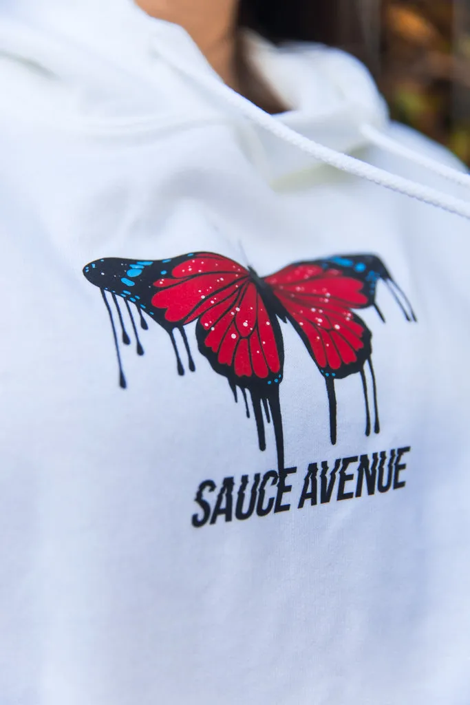 Red Passion Butterfly Drip | White Hoodie (Sleeves)
