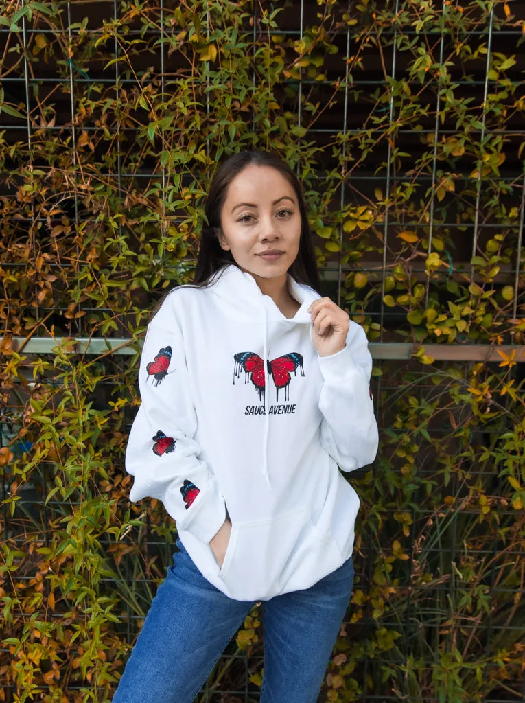 Red Passion Butterfly Drip | White Hoodie (Sleeves)