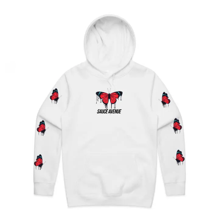 Red Passion Butterfly Drip | White Hoodie (Sleeves)