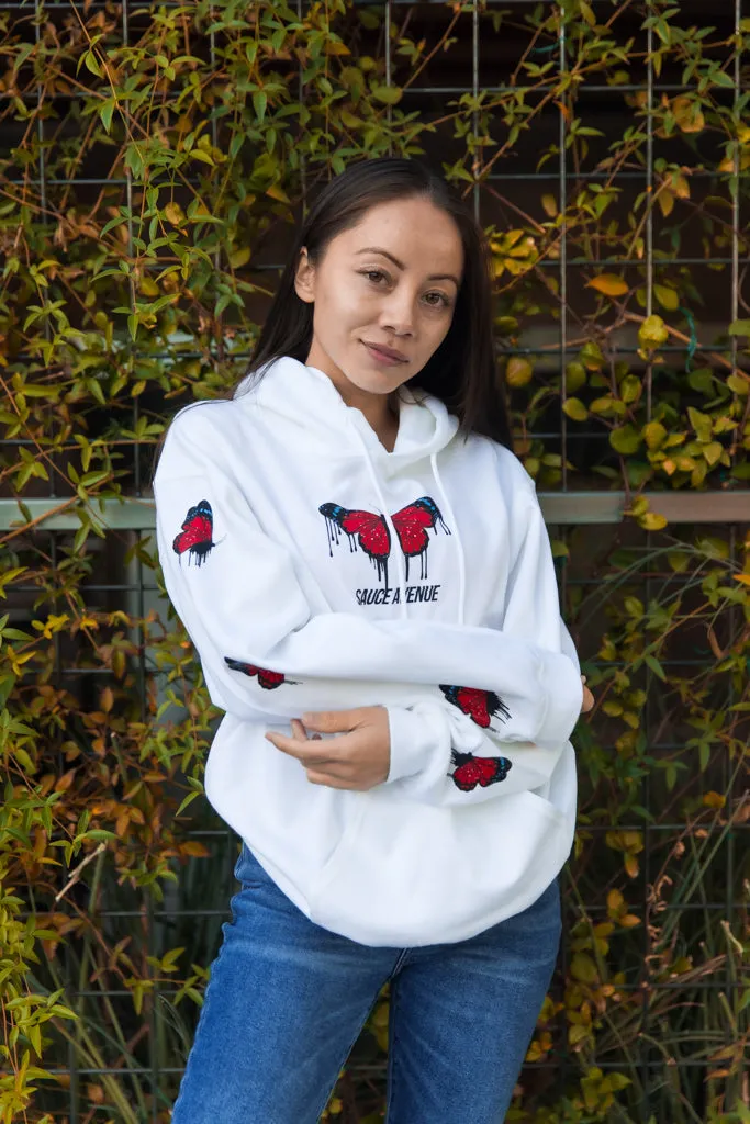 Red Passion Butterfly Drip | White Hoodie (Sleeves)