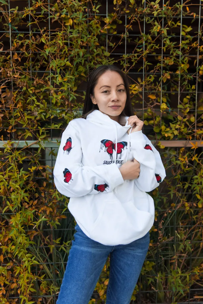 Red Passion Butterfly Drip | White Hoodie (Sleeves)
