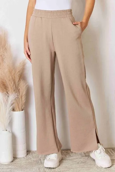 Risen Wide Waistband Slit Wide Leg Pants