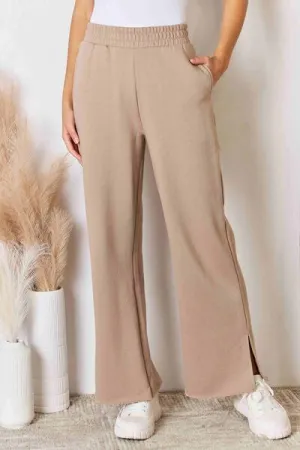 Risen Wide Waistband Slit Wide Leg Pants