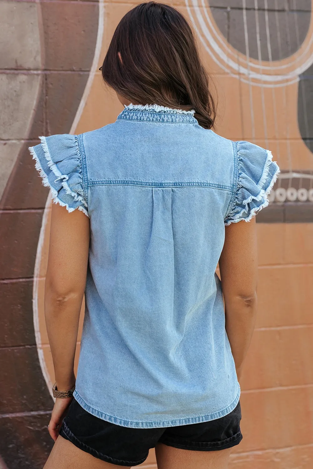Rosemary Raw Hem Button Up Cap Sleeve Denim Top