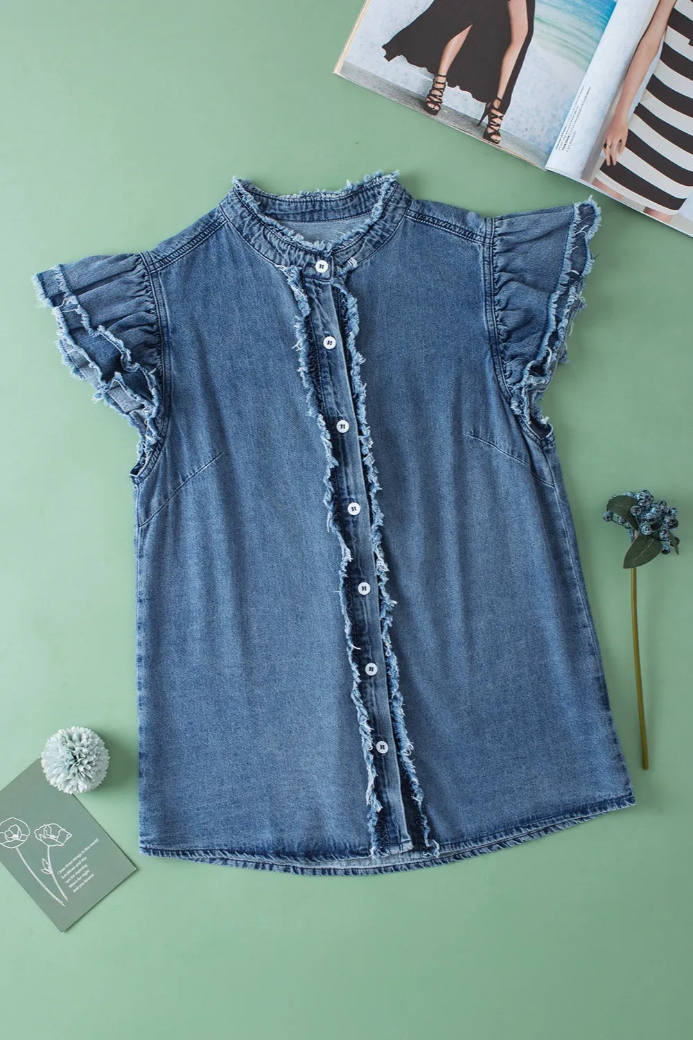 Rosemary Raw Hem Button Up Cap Sleeve Denim Top