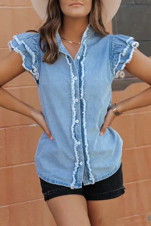 Rosemary Raw Hem Button Up Cap Sleeve Denim Top