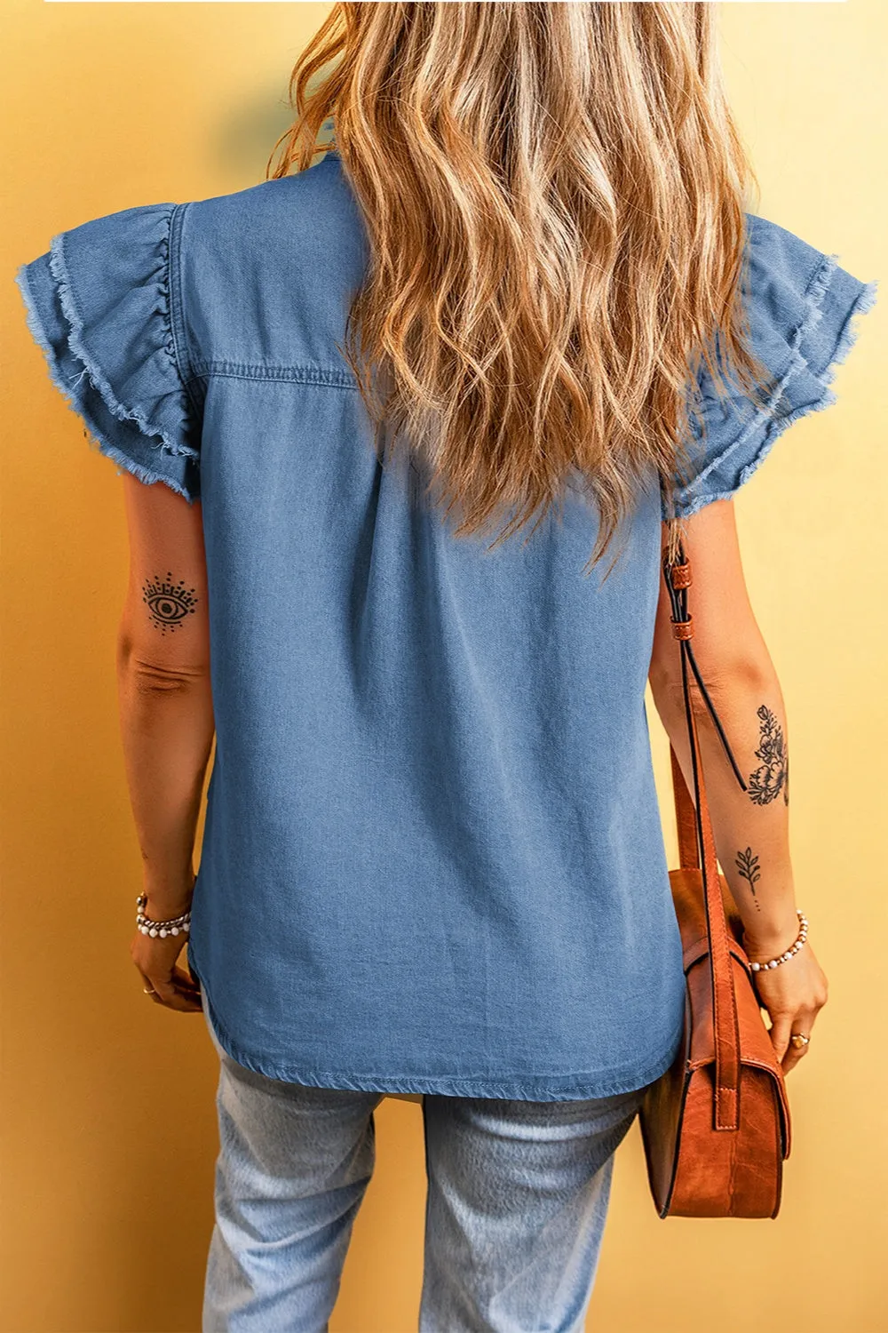 Rosemary Raw Hem Button Up Cap Sleeve Denim Top